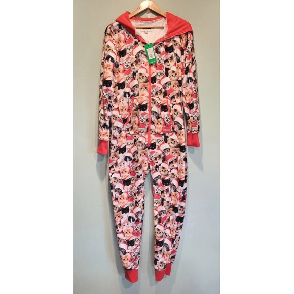 NWT Tipsy Elves Unisex Meowy Catmus Jumpsuit Loungewear Cats Pockets Hooded M - Picture 1 of 10